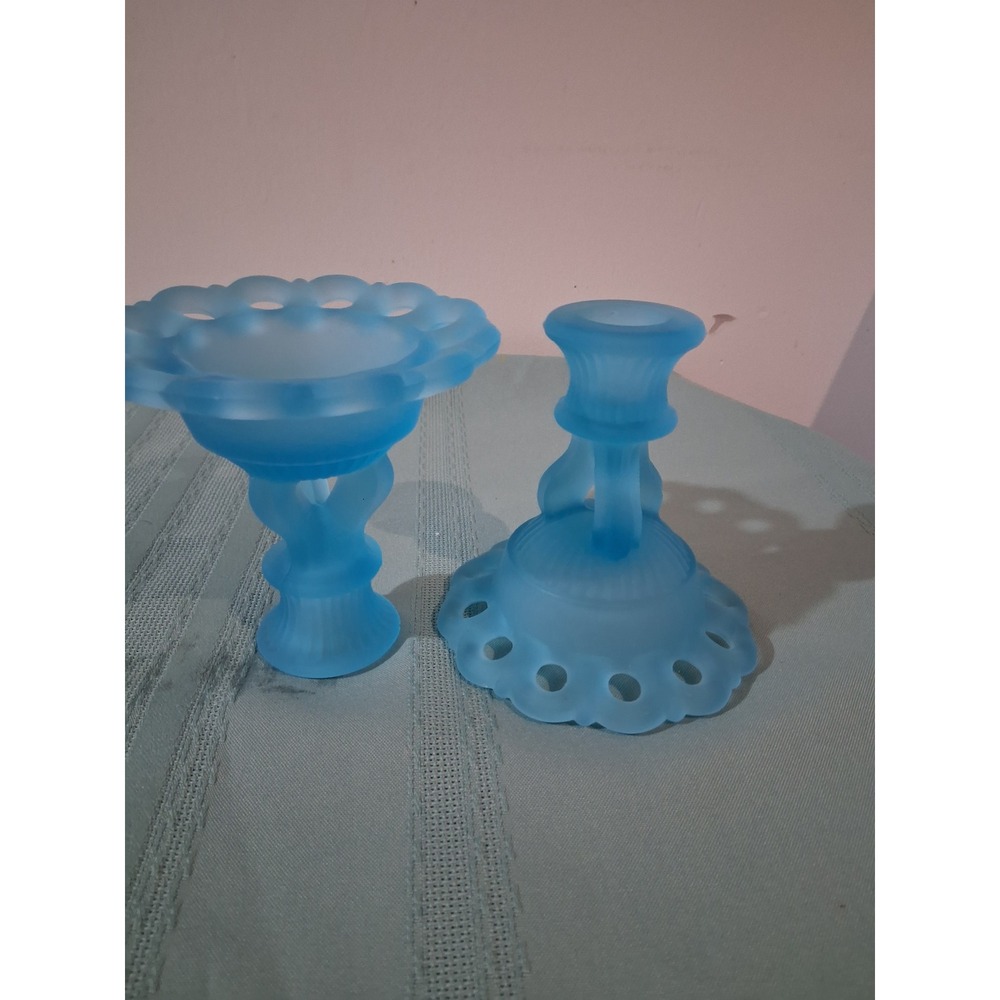 Vintage Fenton Blue Satin Glass Open‎ Lace Eyelet Edge Candlestick Holders Set 2